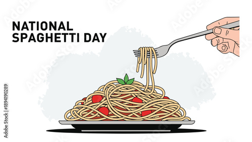 Large plate of delicious spaghetti with tomato sauce and basil being served with a fork for the celebration of national spaghetti day.