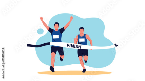 Two professional male athletes in blue running gear reaching the finish line with arms raised in victory during a track and field race.