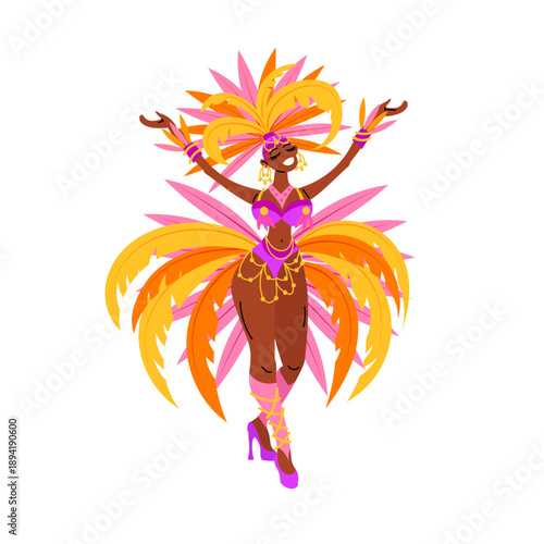 Beautiful samba female dancer. Girl (woman) in orange and yellow carnival costume dancing on parade in Rio, Brazil. Party, entertainment concept. Vector illustration isolated on white.
