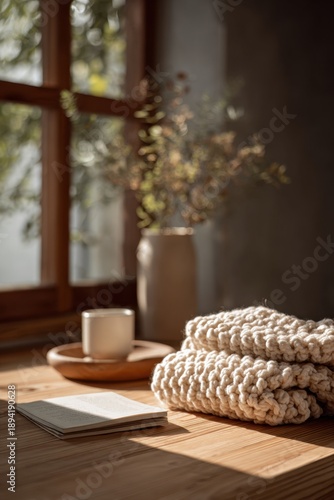 Cozy morning serenity with knitted blankets and coffee by sunlit window,national crochet month