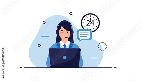 Professional female customer service agent with a headset working on a laptop with a clock showing 24 hour support in the background.