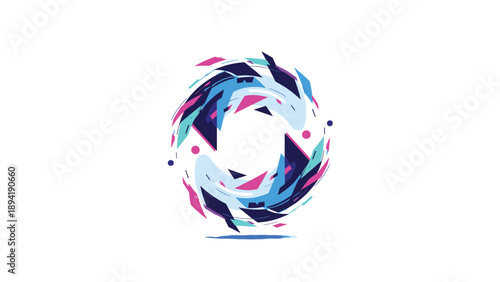 Dynamic abstract geometric swirl composition with vibrant pink, blue, and navy shards rotating in a circular motion on white background.
