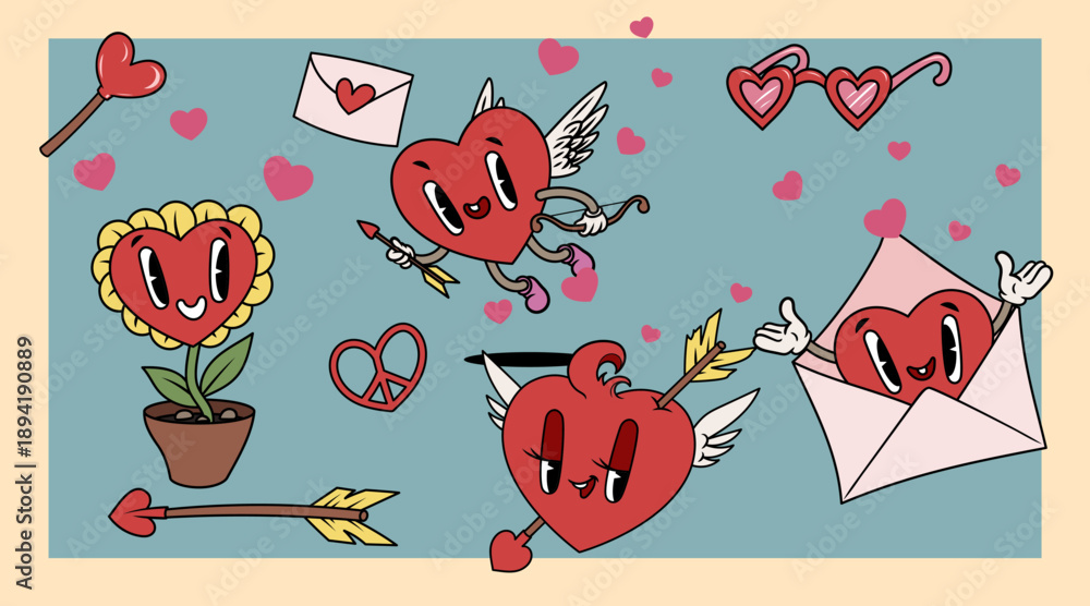 Fototapeta premium Heart vintage groovy characters set. Funny love and Valentines elements. Pink hearted mascots in different poses with faces, emotions with wings. Vector illustrations.
