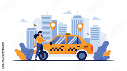 Young woman with a suitcase waiting for a yellow taxi in a busy modern city with tall skyscrapers and blue sky background.