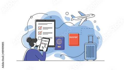 Person using a digital tablet for travel planning and ticket booking with icons of passport, airplane, and suitcase on blue background.