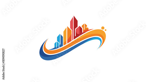 Modern abstract real estate logo design featuring colorful skyscrapers within a dynamic sweeping blue and orange wave on white background.