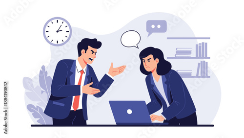 Workplace conflict between a furious male manager shouting and a stressed female employee working on her laptop in a modern office.
