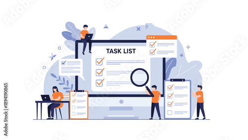 Team of professionals managing a digital task list and project goals on a large computer monitor in a modern blue-themed workspace.