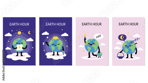 Set of cute Earth Hour awareness posters featuring a smiling planet character in different night settings to promote energy conservation.