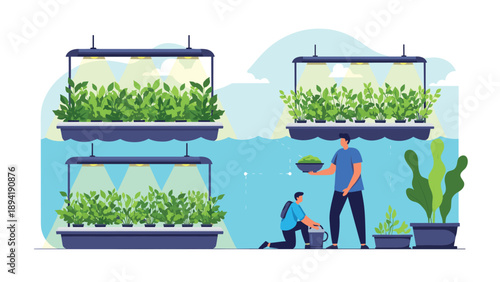 Sustainable urban farming concept showing people tending to plants in a modern indoor hydroponic greenhouse with LED growth lights.