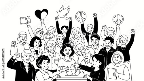 Black and white illustration of a diverse group of people celebrating with raised hands and peace signs around a table with drinks.