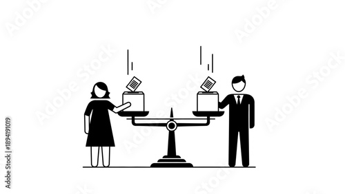 Black and white illustration of a man and woman standing on either side of a balance scale with papers on each side.