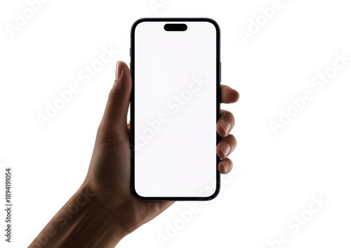 Hand holding smartphone mockup with blank white screen isolated on white background for mobile phone ui app or website design in hands front view. 
