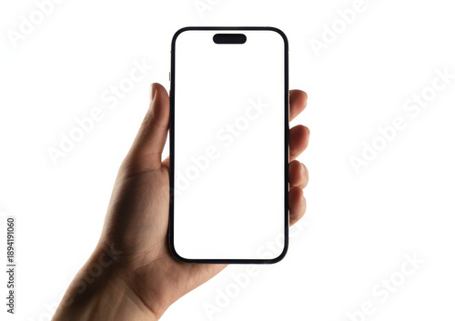 Hand holding smartphone mockup with blank white screen isolated on white background for mobile phone ui app or website design in hands front view. 

