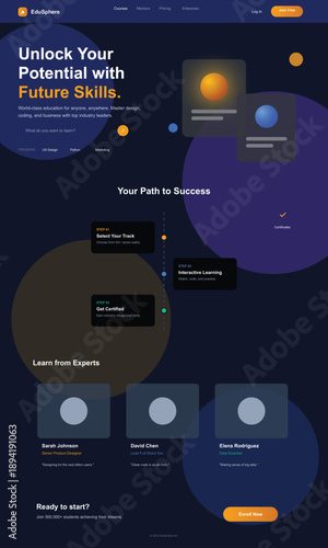"A sophisticated and futuristic e-learning landing page design utilizing a high-contrast dark theme. The visual mood is professional and tech-forward, featuring sleek glassmorphic elements, vibrant 