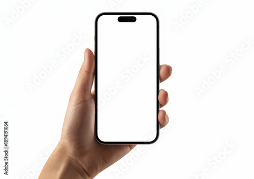 Hand holding smartphone mockup with blank white screen isolated on white background for mobile phone ui app or website design in hands front view. 
