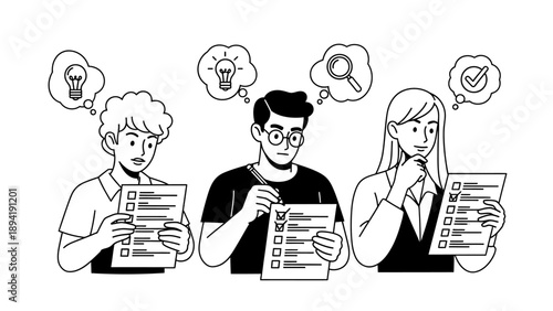 Line drawing of three people holding and reviewing papers with thought bubbles above their heads in a simple black and white style against a clean background.