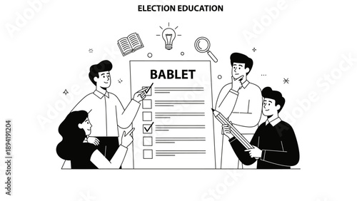 Line drawing of four people collaborating around a large tablet with a checklist on a white background with election education theme.