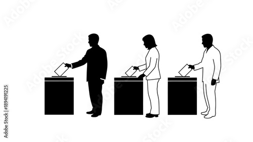 Silhouette illustration of three people casting ballots into voting booths on a white background with a focus on civic duty and democracy.
