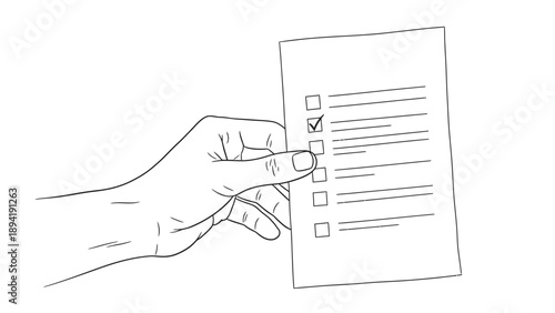 Line drawing of a hand holding a checklist and marking a checkbox on a white background with simple lines.