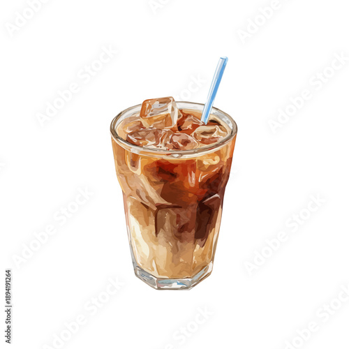 A watercolor isometric illustration of Iced Coffee, cleanly isolated on white background.