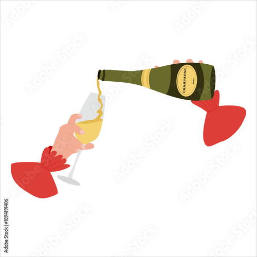 Pouring champagne by hand. A woman's hand holding a champagne glass. New Year's celebration. Graphic design for a gourmet or sommelier tasting the alcoholic beverage