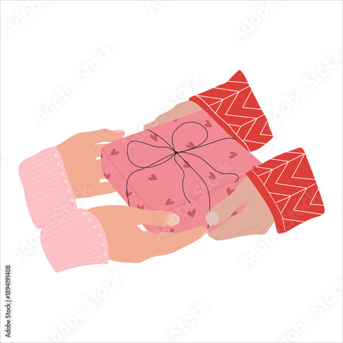 Two hands exchange a beautifully wrapped gift box with a ribbon bow, symbolizing generosity of kindness and thoughtful gifts on a special occasion or holiday