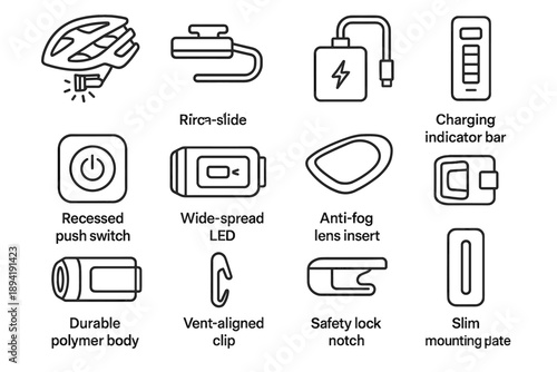 Mounting icon helmet switch beacon light safety bike indicator charging push vector