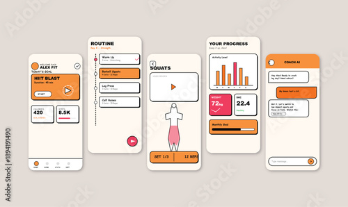 "A vibrant and energetic neubrutalist UI kit for a fitness app, featuring bold outlines, a warm orange-and-pink palette, and clean typography. The mood is modern, encouraging, and highly accessible, 
