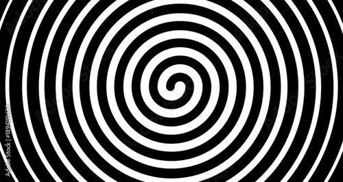 Hypnotic spiral vortex with black and white concentric circles creating optical illusion effect. Abstract geometric pattern with swirling lines and hypnotic radial design.
