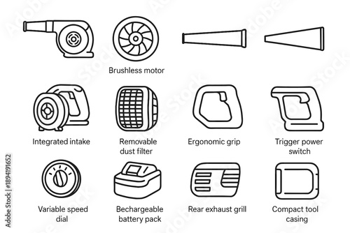 Icon tool dust air blower variable removable tapered vector ergonomic casing integrated