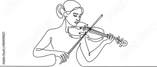 Beautiful girl playing violin continuous one line drawing. Classic violin music instrument single line art illustration. one line Art icon drawing vector