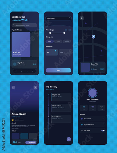 "The visual mood is sleek, futuristic, and sophisticated, characterized by a deep midnight blue and violet palette with vibrant neon accents. The dark mode interface conveys a sense of high-end techno