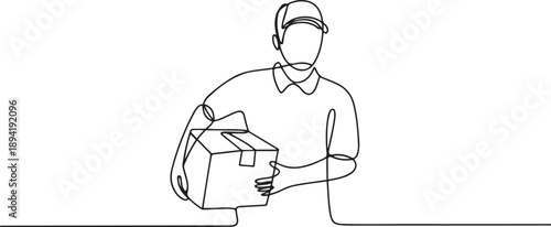 Delivery man holding cardboard box in continuous one line drawing. one line Art icon drawing vector