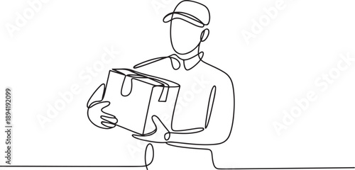 Delivery man holding cardboard box in continuous one line drawing. one line Art icon drawing vector