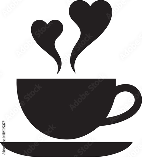 Coffee mug and tea cup vector icon set. Tea or coffee cups icons. Black silhouette collection with steam and heart symbols for cafe logo, coffee shop branding, menu design or hot drink element.