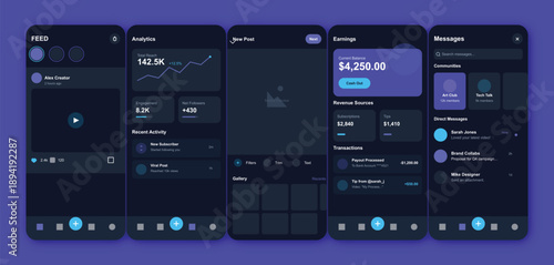 "The visual mood is sophisticated, high-tech, and nocturnal, evoking a sense of focused productivity. The dark mode theme features a deep charcoal background punctuated by vibrant neon blue and purple
