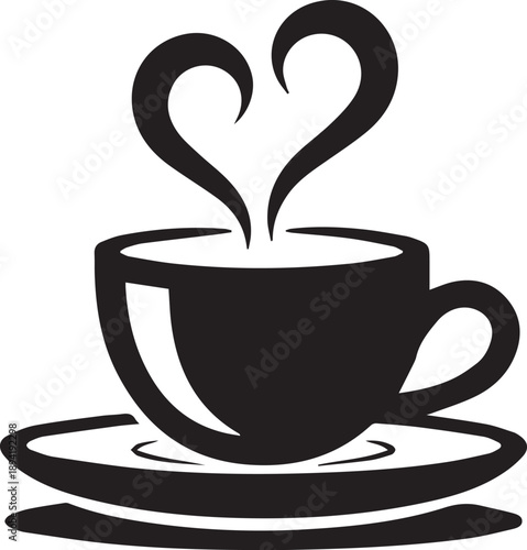 Coffee mug and tea cup vector icon set. Tea or coffee cups icons. Black silhouette collection with steam and heart symbols for cafe logo, coffee shop branding, menu design or hot drink element.