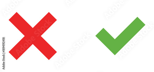 check mark and cross icon set vector, green correct tick and red wrong x symbols isolated on white background, approval error ui illustration