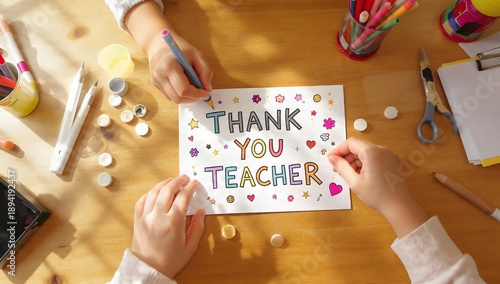 “Thank You Teacher Greeting Card Made by Child, Top View Craft Scene”