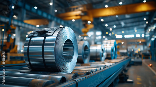 Large coil of rolled steel on industrial production line, sheet metal processing in modern factory, heavy industry manufacturing background, steel processing scene, defocused coil