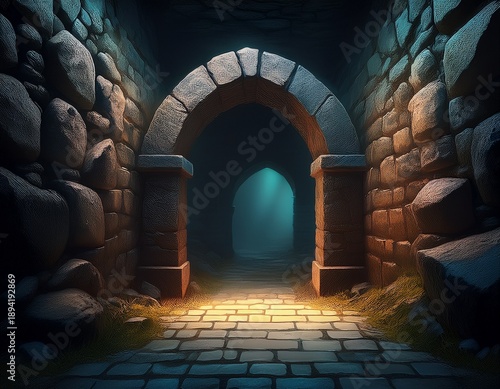 keystone arch darkly lit corridor with cyclopean boulder arch in moldy brick wall