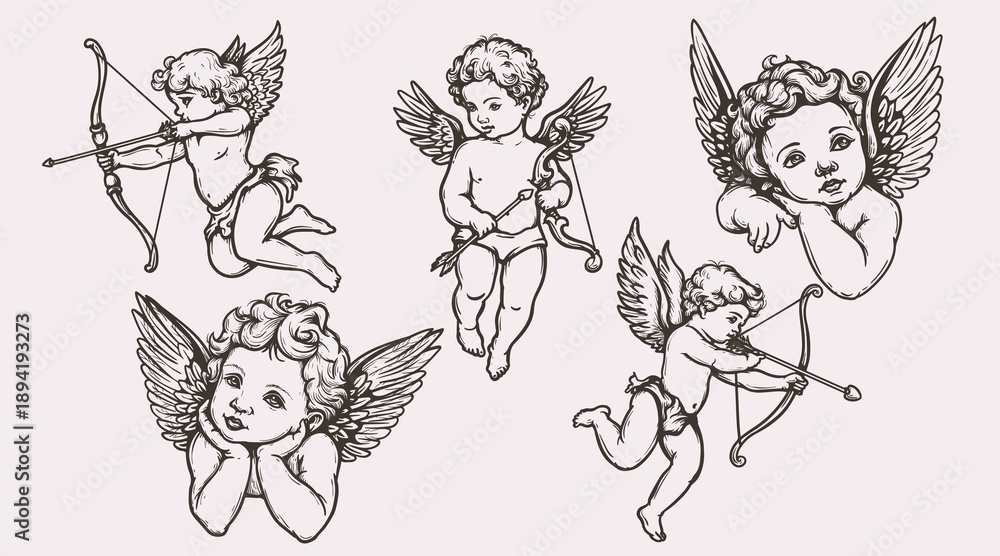 Fototapeta premium Vintage hand drawn Cupids and cherubs set Classic sketch style featuring angels with bows and arrows for Valentine's Day and wedding designs. Vector illustrations.
