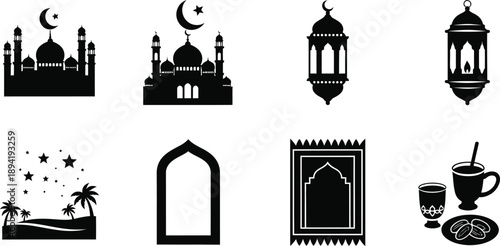 Islamic Ramadan icons including mosques, lanterns, prayer rug, and palm trees masjid