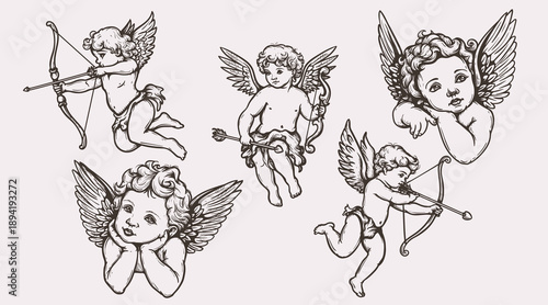 Fotografie Vintage hand drawn Cupids and cherubs set Classic sketch style featuring angels with bows and arrows for Valentine's Day and wedding designs