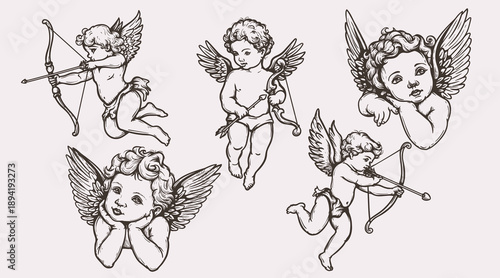 Vintage hand drawn Cupids and cherubs set Classic sketch style featuring angels with bows and arrows for Valentine's Day and wedding designs. Vector illustrations.