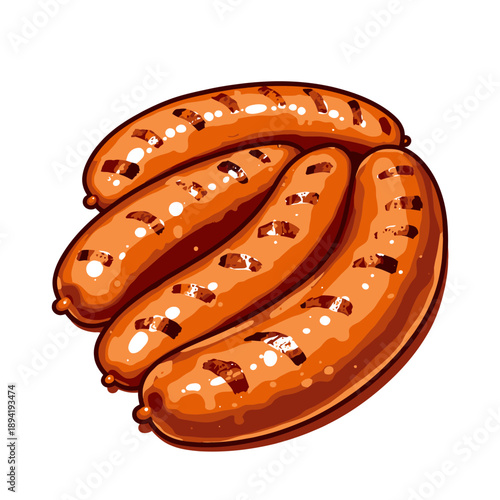 Illustration of Grilled Sausages with Char Marks and Glazed Surface Showcasing Delicious Juicy Texture on a White Background