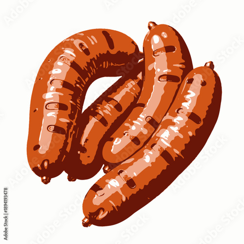 High-quality digital illustration of realistic grilled sausages showcasing glossy textures and appetizing visual appeal in close-up detail