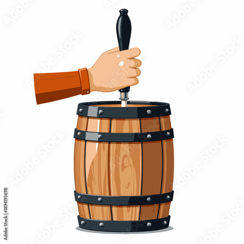 Illustration of a Wooden Barrel with Hand Equipped with Tap Handle for Dispensing Liquids and Beverages in a Rustic and Traditional Style