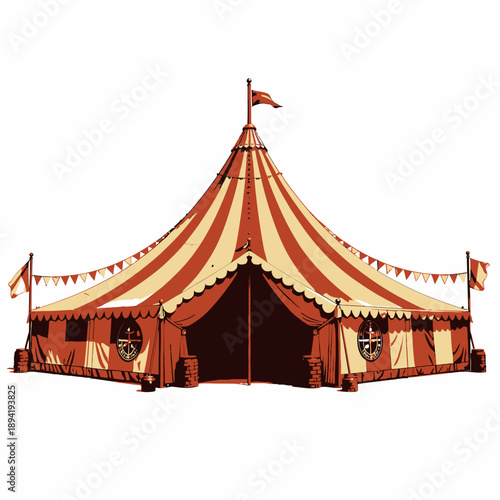 Colorful Vintage Circus Tent with Striped Patterns and Decorative Flags Capturing Old-Time Carnival Atmosphere and Adventure